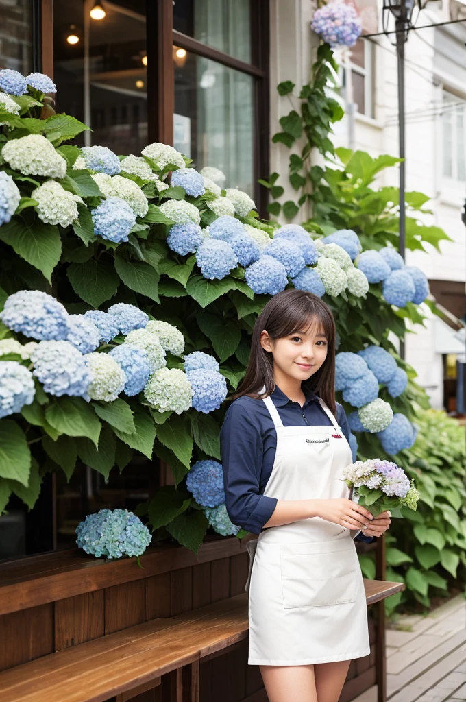 A 20-year-old girl working at a coffee shop surrounded by blooming hydrangeas(Wearing a miniskirt and apron)