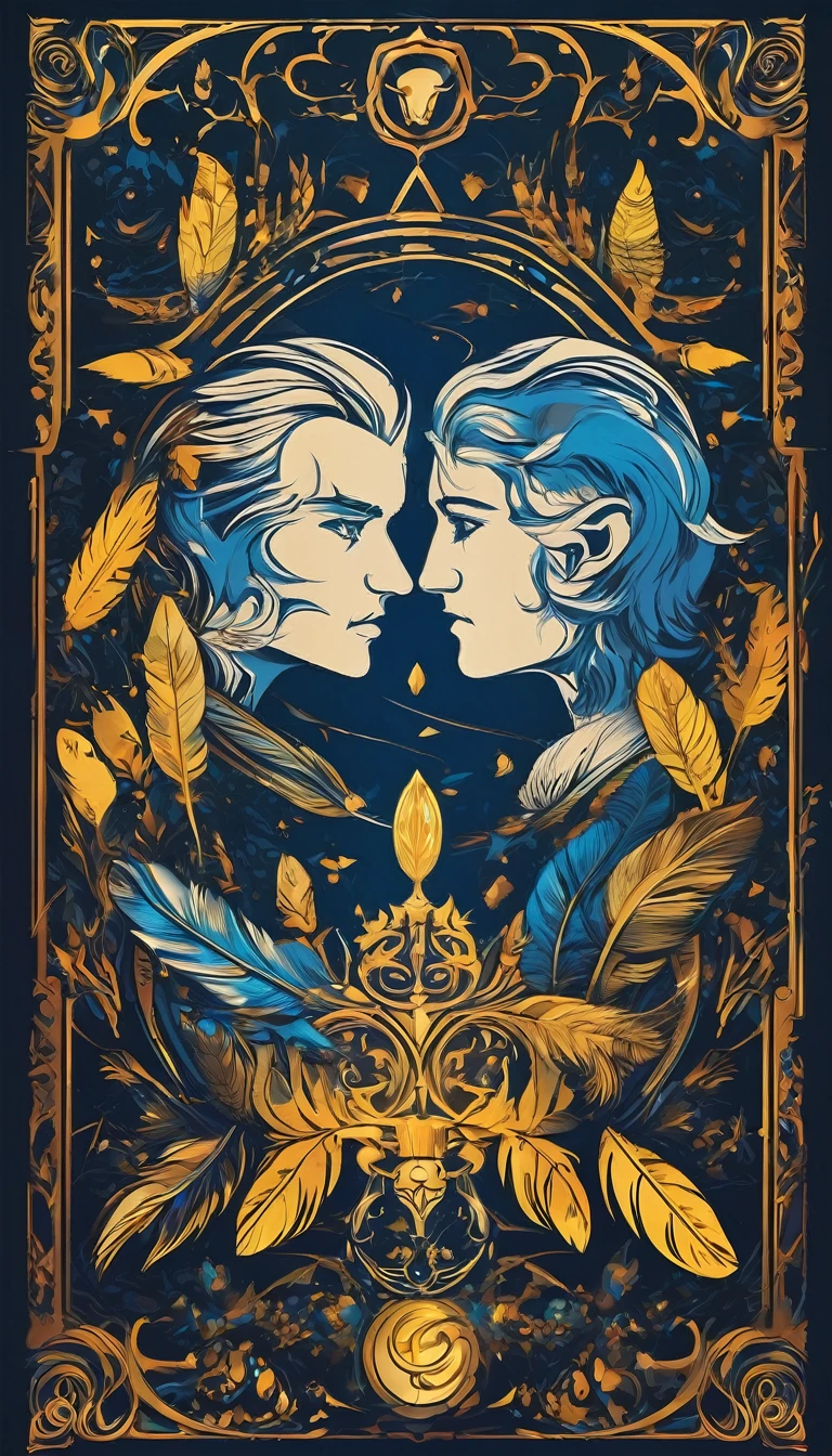 Create a minimalistic, simple, fantastic, easy to understand, logo design of two faces, one of a boy and the other of a feather for an upcoming Fantasy Role Playing Game called " Penamemoria". The game is about a world full of bird and feathers. A boy enters that world and discovers his true artistic identity. Create a logo design that transmits the essence of this videogame. It´s a fantasy game, with fantasy elements. Create the logo in the center and a fantasy theme as background. Use the colours blue, white, yellow in the logo. The logo design must convey a sense of fantasy, dreams and music. Must convey a feeling of being a true Dreamer