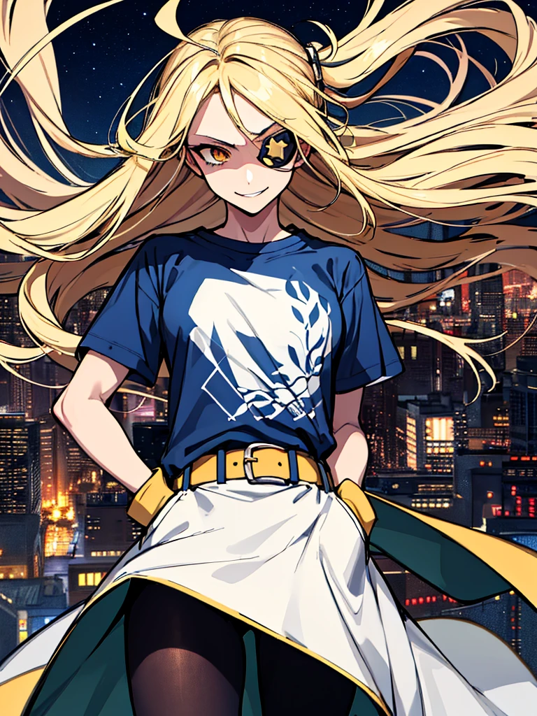 (absurdres, 8k, 4k, masterpiece, hyper extreme detailed:1.2), (masterpiece), best quality, expressive eyes, highres, perfect eyes, 1girl, perfect face, perfect hands, standing, belt, 1girl, blonde hair, eyepatch, perfect anatomy, eyepatch, long hair, platinum blonde hair, muscular, toned body, strong, empty eyes, blank stare, crazy face, crazy eyes, crazy smile, gloves, graphic t- shirt, small, golden eyes, deadpan, expressionless, shaded face, messy hair, crazy hair, city background, heroic, half body, cowboy shot, night time, stars, night sky, hand on head, hands in pockets, wind, windy, pantyhose, covered abdomen
