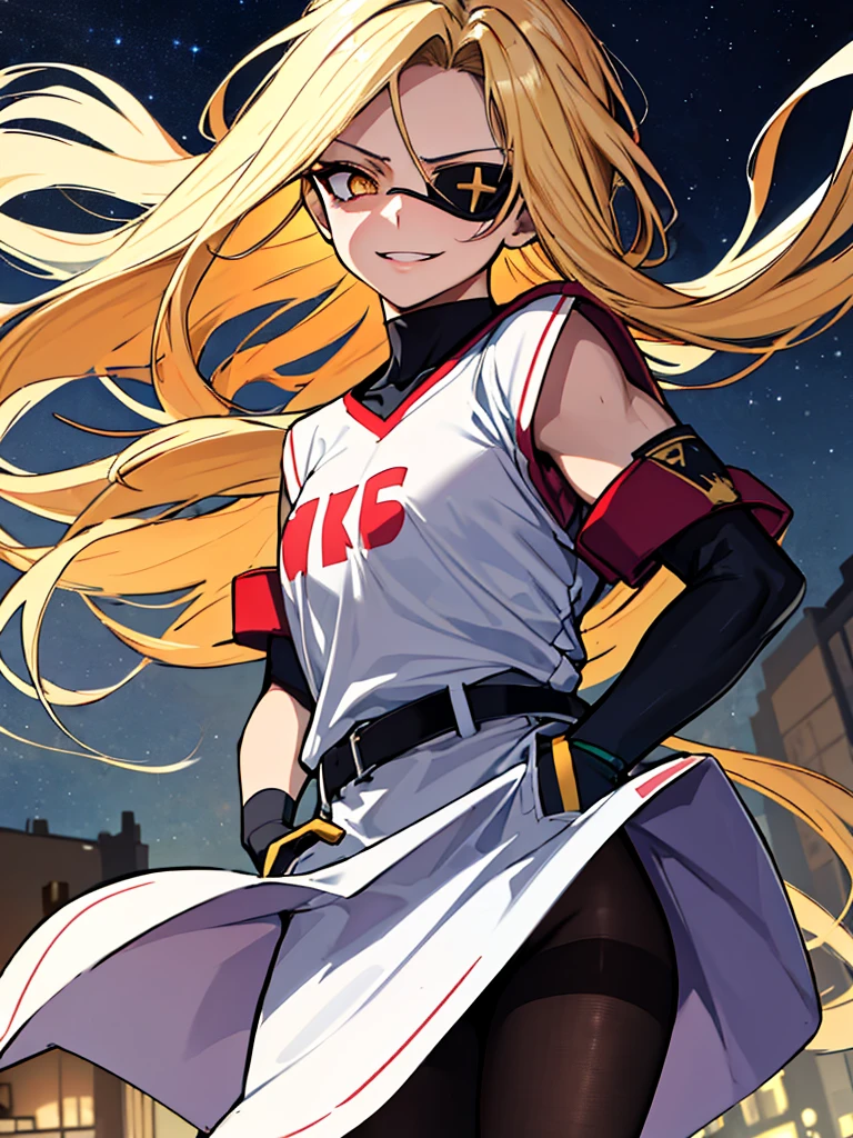 (absurdres, 8k, 4k, masterpiece, hyper extreme detailed:1.2), (masterpiece), best quality, expressive eyes, highres, perfect eyes, 1girl, perfect face, perfect hands, standing, belt, 1girl, blonde hair, eyepatch, perfect anatomy, eyepatch, long hair, platinum blonde hair, muscular, toned body, strong, empty eyes, blank stare, crazy face, crazy eyes, crazy smile, gloves, graphic t- shirt, small, golden eyes, deadpan, expressionless, shaded face, messy hair, crazy hair, city background, heroic, half body, cowboy shot, night time, stars, night sky, hand on head, hands in pockets, wind, windy, pantyhose, covered abdomen