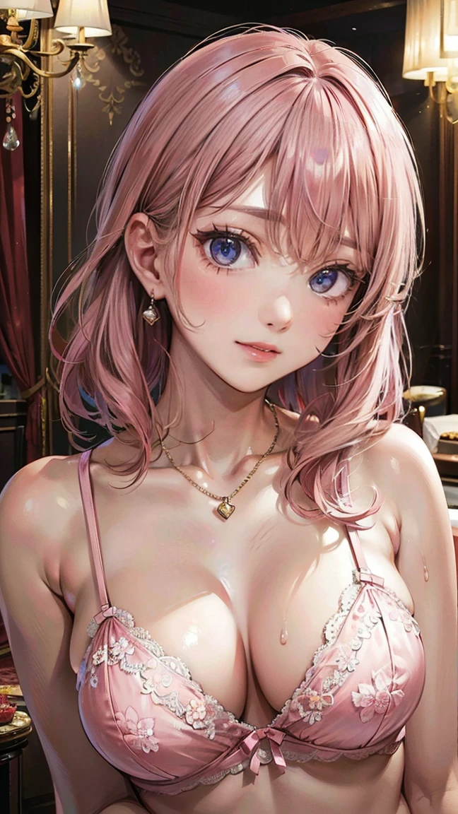 (Masterpiece, BestQuality:1.3), (ultra detailed:1.2), (hyperrealistic:1.3), (RAW photo:1.2), High detail RAW color photo, professional photograph, (Photorealistic:1.4), (realistic:1.4), professional lighting, perfect anatomy, (Big Breasts:1.2), (blush, detailed face), (cheerful Smile:1.5), Trending Hair&Trending Hairカラーをランダムに, earrings, necklace, bracelet, sexly, erotic sexly, Random sexy gravure poses, (A beautiful pink-haired woman wearing floral lace lingerie、Smiling and posing sexily in a luxurious hotel in spring。: 1.3)