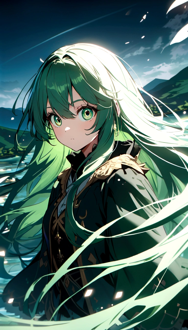 Costumes, Long Hair, girl, Big eyes, Green Mountain々and green water,