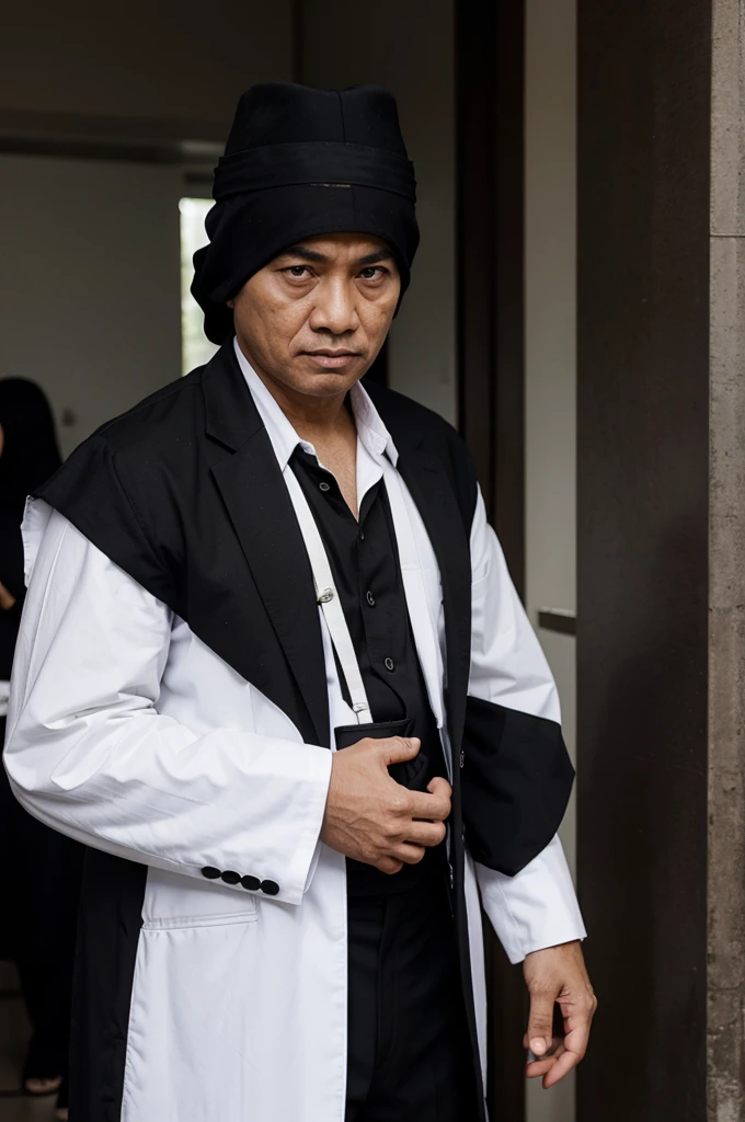 A male judge wearing black and white clothes is trying Indonesian human rights violators
