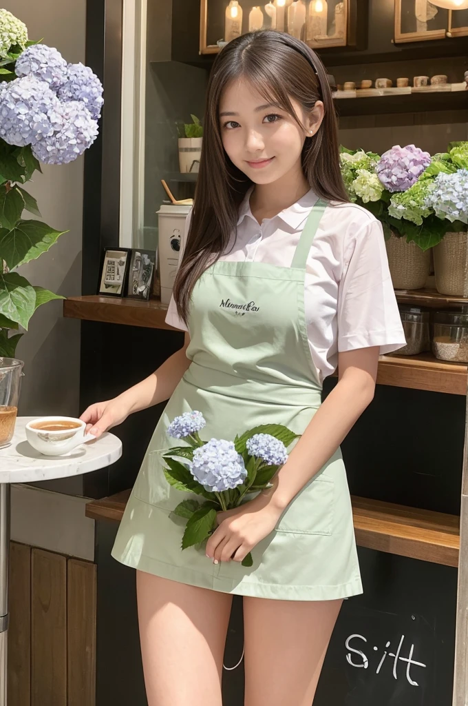 A 20-year-old girl working at a coffee shop decorated with hydrangeas（Wearing a miniskirt and apron）