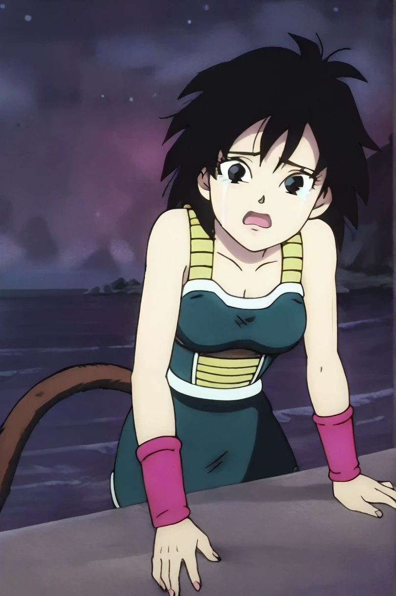 source_anime, score_9,score_8_up, score_7_up, ginedb, anime screencap,
1girl, solo, breasts, looking at viewer, open mouth, night, black hair, sand, bare shoulders, medium breasts, collarbone, upper body, teeth, black eyes, tearing up, fingernails, eyelashes, pink wristband, d:, saiyan armor, green skirt, eyebrows, green saiyan armor, moonlight, Cuerpo sexy, culo sexy