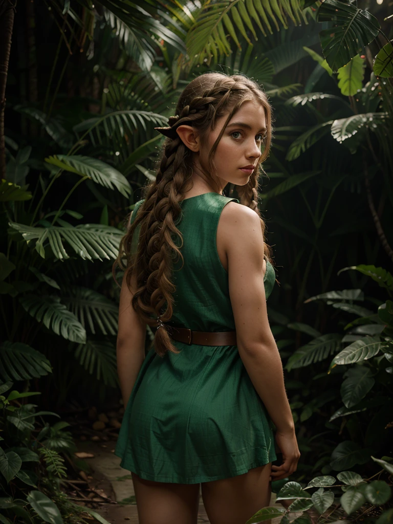 looking back elf girl, curly two braid long hair, in a jungle, wearing elf dress, 8k, RAW photo, best quality, masterpiece, high detail RAW color photo, dramatic lighting, cinematic lighting, back light, professional lighting