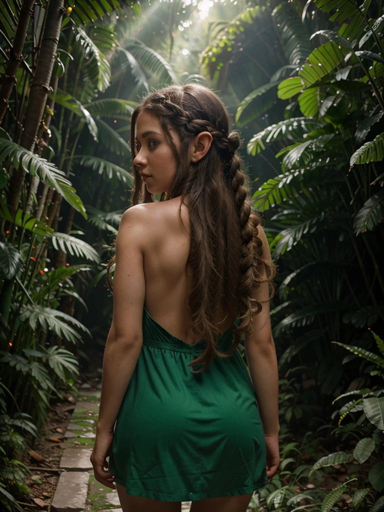 looking back elf girl, curly two braid long hair, in a jungle, wearing elf dress, 8k, RAW photo, best quality, masterpiece, high detail RAW color photo, dramatic lighting, cinematic lighting, back light, professional lighting