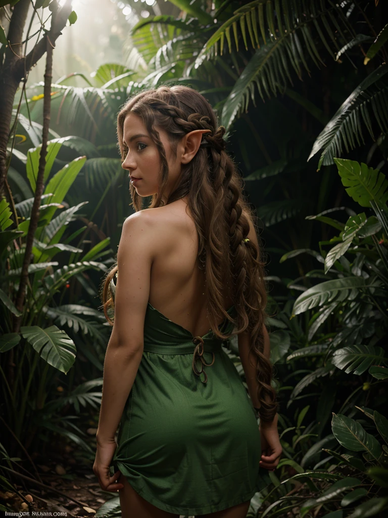 looking back elf girl, curly two braid long hair, in a jungle, wearing elf dress, 8k, RAW photo, best quality, masterpiece, high detail RAW color photo, dramatic lighting, cinematic lighting, back light, professional lighting
