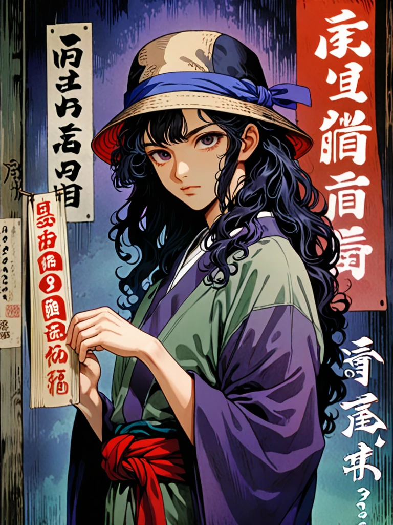 illust、art、from 80s horror movie, directed by seishi yokomizo、A young Japanese man with black, curly hair、Plain clothing、Wearing a khaki bucket hat、Wearing a haori、Wearing a collarless shirt、Hakama、Wearing geta、Scholar、cool、Nihil、high detail, realsitic shadow、Analog style, vhs style, 8mm film, chromatic aberration, Dvd screengrab、Blue-purple and red-purple gradation、Surrealism、Mystery、Horror、dark、1930s、Japanese style retro、古い日本のHorror小説の表紙、Japanese paper texture、全体的にdarkテイスト