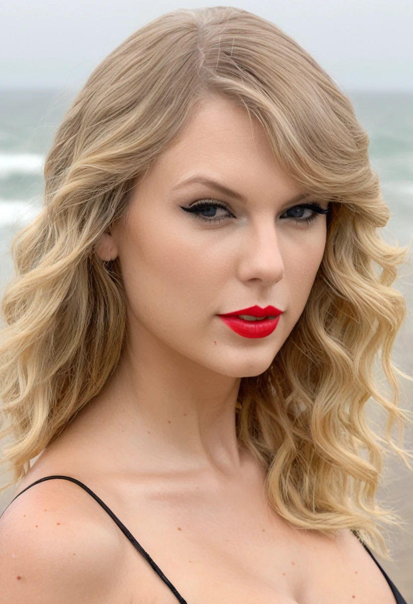 high quality Erotic shot of a extremely hot woman, ( Taylor Swift , realistic babe, (ohwx, ohwx woman) photorealistic ) wearing a color sexualized bikini , famous erotic bikini model , celebrity erotic photograph, incredibly sexualized pose, playfull pose, erotic photoshoot , fit muscular figure , rainy, wet, shiny sweaty skin, seductive expression , on beach, wet hair, dark atmosphere, erotic lighting , celebrity, female, woman, hollywood actress, erotic angle , fleshy muscular woman , ( perfect body parts, perfect anatomy depth of field, insanely detailed skin texture, hyper detailed features, detailed face )