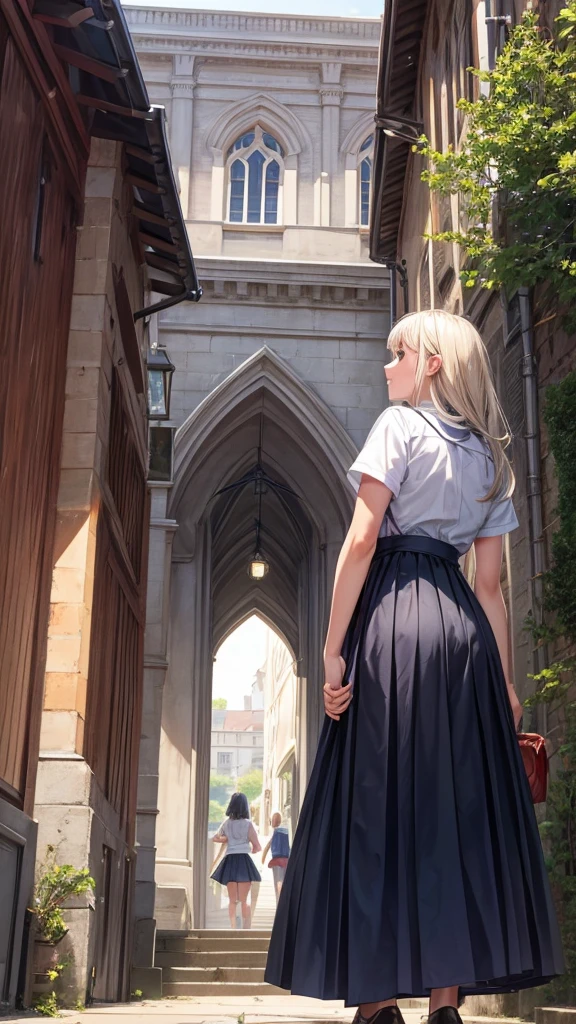 Picture a hand at the bottom end reaching for a woman in the middle of the picture some distance away facing the back with the school gate in the background