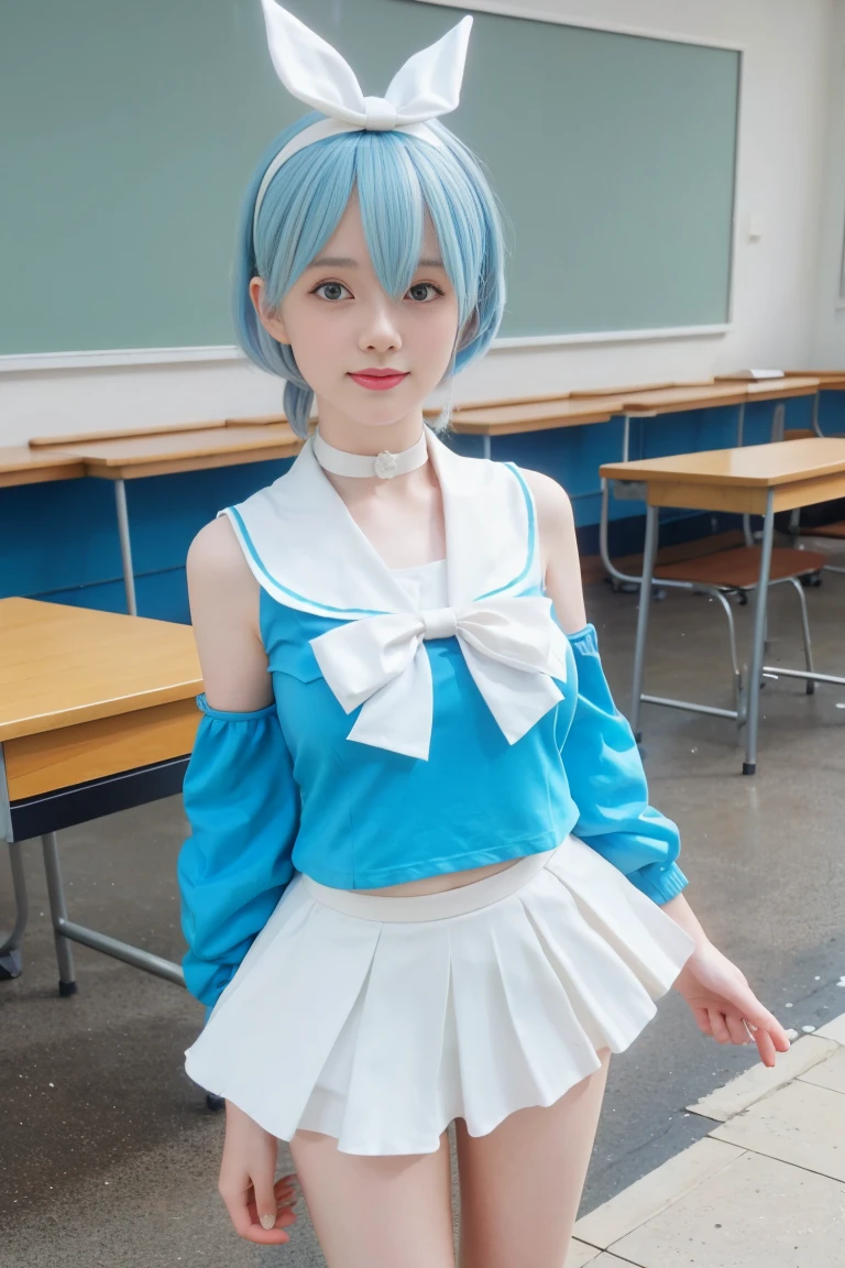  best quality, tmasterpiece,Ultra-high resolution,Clear face,（Reality：1.4），ferpect lighting，(upper body shot), (photorealistic:1.50), anime wallpaper, Guviz style artwork, cover-up fantasy up to magic , by Yang J, Guviz, beautiful artwork illustration, beautiful digital artwork, beautiful digital illustration, Li Song, beautiful anime portrait, art style in Beauvot, ,((arona)), (1girl), (mechanical halo), (独奏), (short hair), (single Left side braid),((school uniform)), ((barefoot)), ((blue shirt)),( long sleeves), ((white bowtie)),( (white choker)),( (white hairband)), ((white sailor collar)),(( white skirt)), blush, feet, toes, looking at viewer,((midriff)),BREAK water, (ruined classroom),(school desk), blue sky, cloud, day, reflection, reflective water, puddle,(Sleeve colour blue),