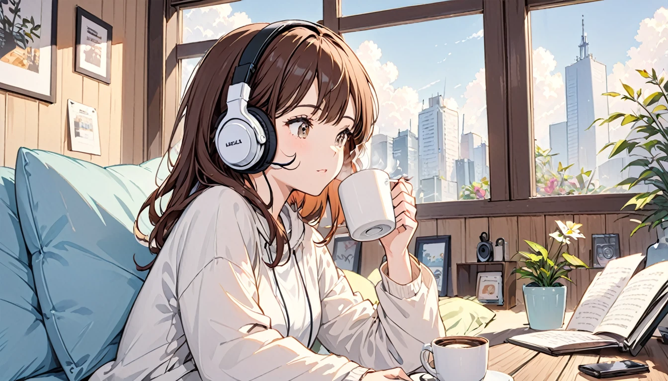 Girl wearing headphones,Drinking coffee from a mug while listening to jazz music,Brown Hair,relax