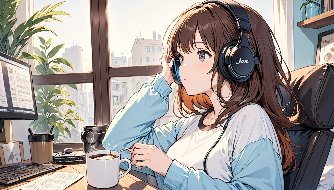 Girl wearing headphones,Drinking coffee from a mug while listening to jazz music,Brown Hair,relax