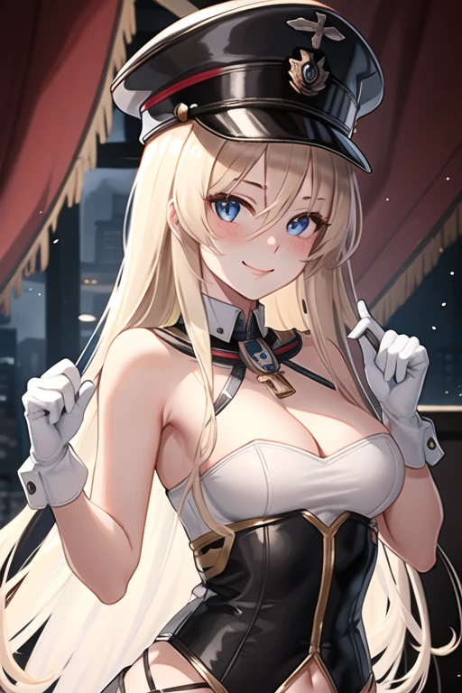 masterpiece, best quality, highres,  long hair, 1girl, solo,  bismarck, a woman wearing black BMR, medal on left shoulder, BIS_hat, white glove, sleeveless strapless blush, little smile,