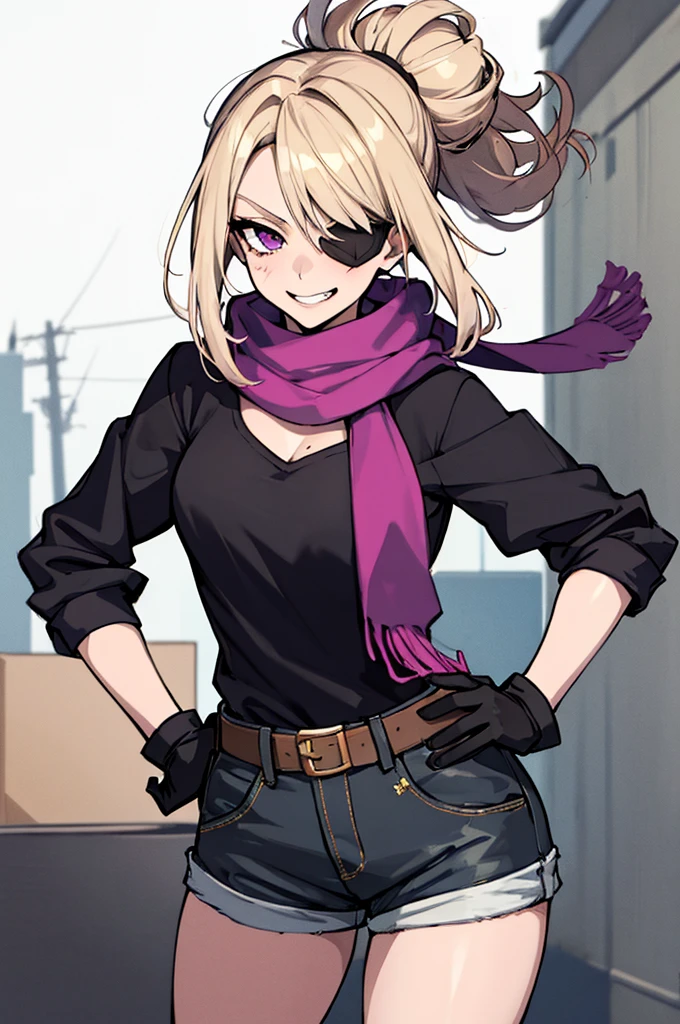 (absurdres, 8k, 4k, masterpiece, hyper extreme detailed:1.2), solo, 1girl, front view, perfect face, 1girl, portrait, looking at viewer, solo, standing, Female, toned body, mature female, medium breasts, pale, blonde hair, medium hair, sarcastic, delinquent, purple eyes, swept bangs, scars, casual wear, street wear, gross, messy, dirty, bloody, snarky, smirk, medium body, gyaru, crazy face, crazy smile, crazy eyes, hands on hips, shorts, wind, windy hair, moving hair, black ribbon, hair buns, adventurous, scarf, gloves, draping hair, eye patch, shirt, perfect anatomy, cowboy shot, half body,