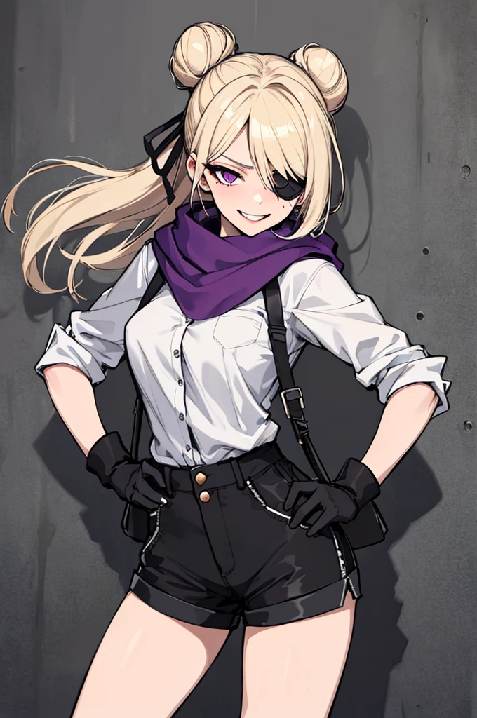 (absurdres, 8k, 4k, masterpiece, hyper extreme detailed:1.2), solo, 1girl, front view, perfect face, 1girl, portrait, looking at viewer, solo, standing, Female, toned body, mature female, medium breasts, pale, blonde hair, medium hair, sarcastic, delinquent, purple eyes, swept bangs, scars, casual wear, street wear, gross, messy, dirty, bloody, snarky, smirk, medium body, gyaru, crazy face, crazy smile, crazy eyes, hands on hips, shorts, wind, windy hair, moving hair, black ribbon, hair buns, adventurous, scarf, gloves, draping hair, eye patch, shirt, perfect anatomy, cowboy shot, half body, 