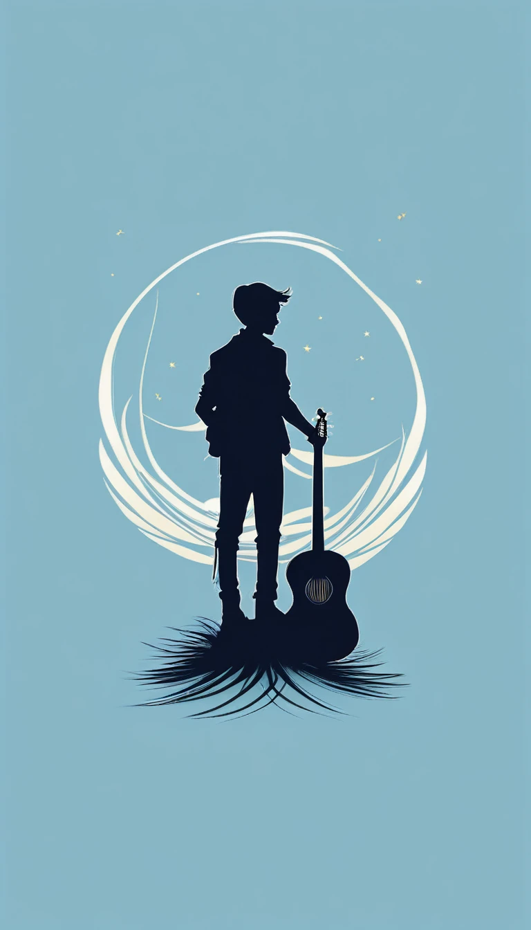 A minimal, modern, simple, cinematic logo design for the brand “Penamemoria". The logo design must be a simple, silhouette of a boy, standing up, playing acoustic guitar and fantasy feather by his side. The logo must convey a sense of music, stories, memories and dreams. Logo design impressed on a book cover. Minimalistic logo. Light blue, soft white and light golden as colors for the logo design