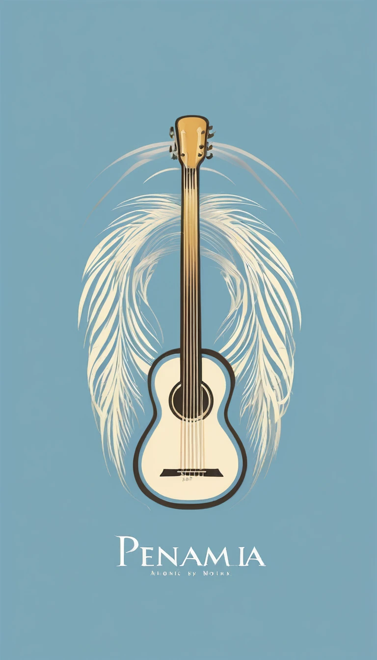 A minimal, modern, simple, cinematic logo design for the brand “Penamemoria". The logo design must be a simple, silhouette of a boy, standing up, playing acoustic guitar and fantasy feather by his side. The logo must convey a sense of music, stories, memories and dreams. Logo design impressed on a book cover. Minimalistic logo. Light blue, soft white and light golden as colors for the logo design