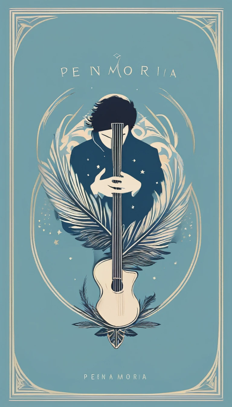 A minimal, modern, simple, cinematic logo design for the brand “Penamemoria". The logo design must be a simple, silhouette of a boy, standing up, playing acoustic guitar and fantasy feather by his side. The logo must convey a sense of music, stories, memories and dreams. Logo design impressed on a book cover. Minimalistic logo. Light blue, soft white and light golden as colors for the logo design