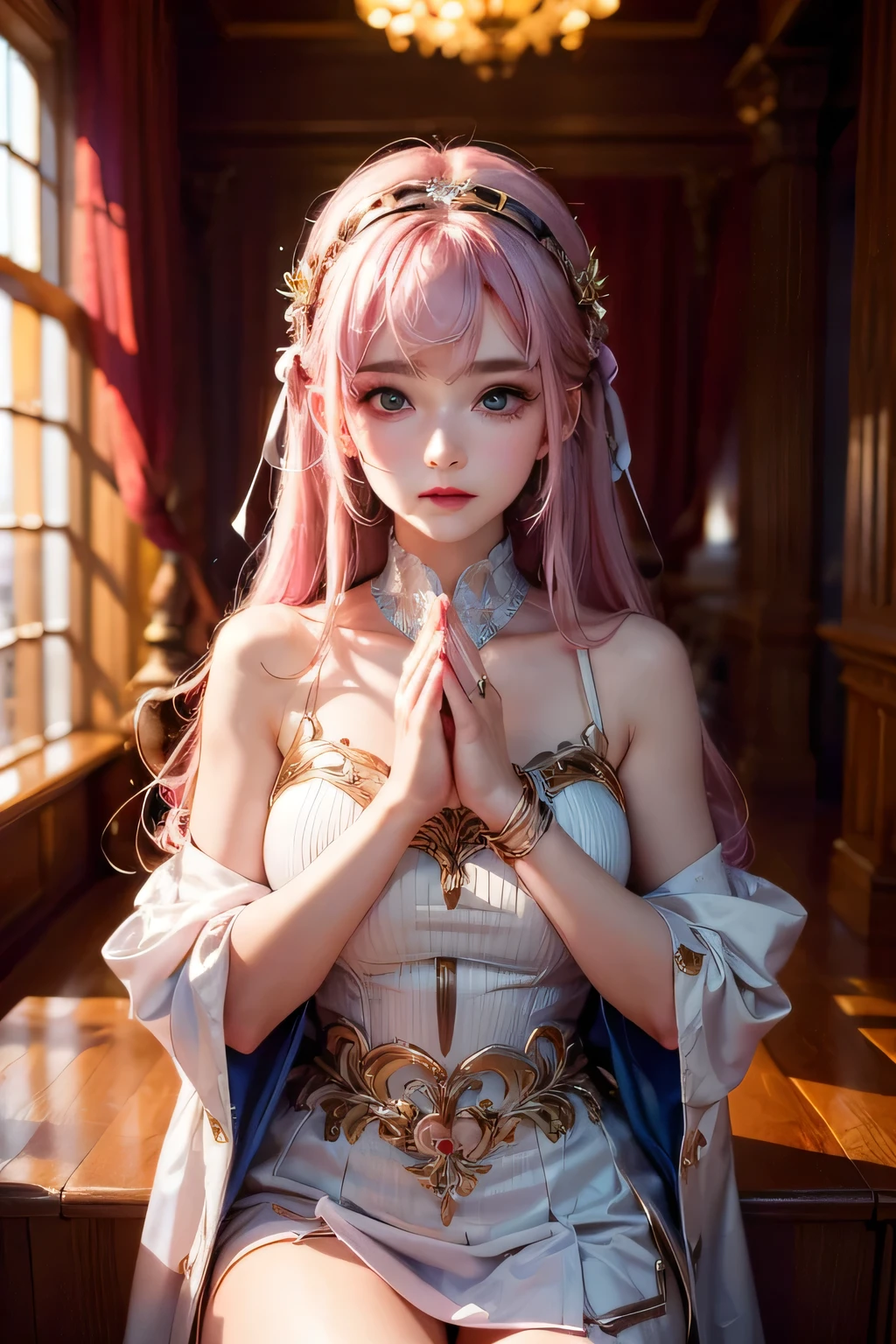 ((Highest quality)), ((masterpiece)), (detailed), High Resolution,One girl, Pink Hair, Perfect Eyes, Goddess of Athena, I'm praying, Putting both hands together, (Be confident), (alone:1.4), Hydrangea on background