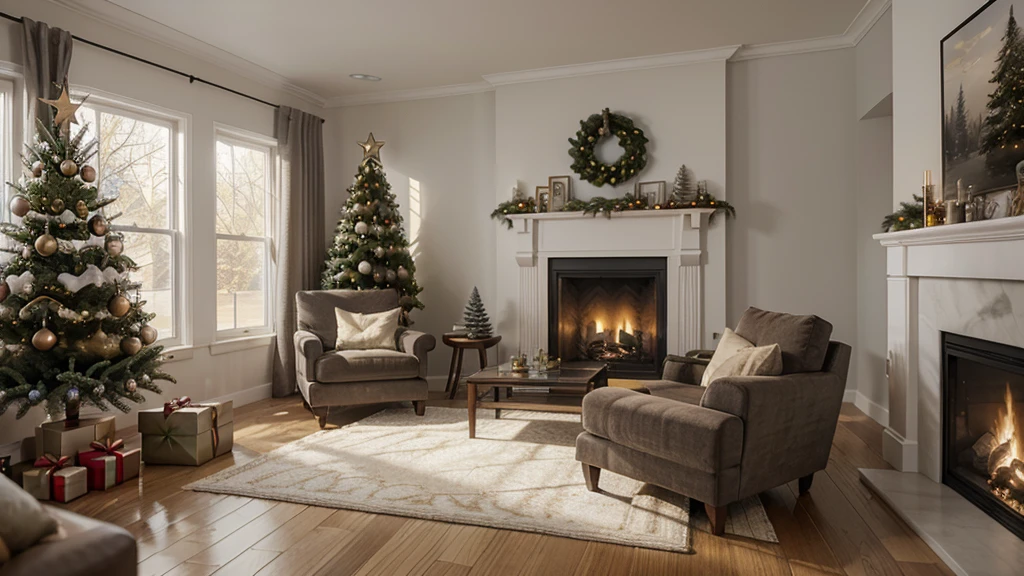 Arav living room with fireplace and Christmas tree, Snow scene outside the floor-to-ceiling glass window,Detailed paintings inspired by Ernest William Christmas, Polycount competition winner, Surrealism, Comfortable and charming scene, Realistic rendering, Cozy living room interior, Comfortable atmosphere, Cozy living room, comfortable environment, Warm and beautiful scene, Photorealistic rendering with Unreal Engine, Realistic matte painting technology, Comfortable and peaceful atmosphere