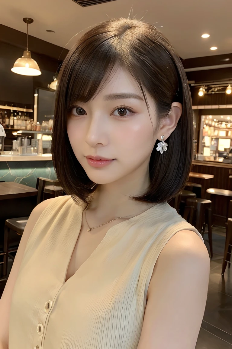 (The ultra -The high-definition:1.5)(ultra-detailliert:1.3) (ultra-quality) (An ultra-high picture quality:1.5) (rialistic photo:1.3) A Japanese Lady 21years old ((detailed and beautiful faces:1.3)) ((realistic skin textures:1.3)) ((Precise, high-quality eyes:1.3)) ((The beauty of detailed and high quality ears, Very fair and transparent skin:1.3)) ((Beautifully groomed straight short bob hair:1.3))Complete body beautiful proportion (Thin sleeveless shirt in fabric) The background is the inside of a cafe at dusk.. Beautiful, Luxurious and stylish interior ((Happy viewer's eyes)) Wet lips ajar Colossal tits unclear kawaii