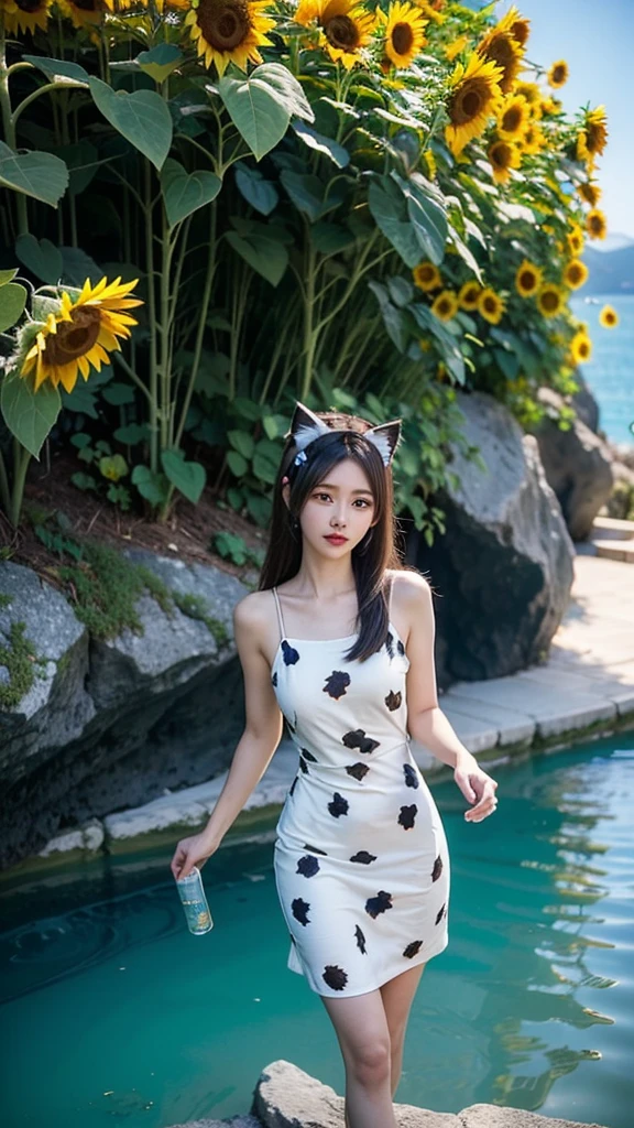 Beautiful girl walking seashore,
the stunning Amalfi Coast in Italy, with viewers enjoying the traditional Italian lemon liqueur, Limoncello, in hand as they take in the breathtaking scenery,
Capture the picturesque coastal villages along the Amalfi Coast, such as Positano, Amalfi, and Ravello, with their colorful buildings cascading down the cliffs towards the azure Mediterranean Sea,
Focus on the rugged coastline, with images of dramatic cliffs, hidden coves, and crystal-clear waters that create a paradise-like setting for relaxation and exploration,(sunflower:1.3),
(Cat ears:1.3), (Cow pattern dress:1.2),