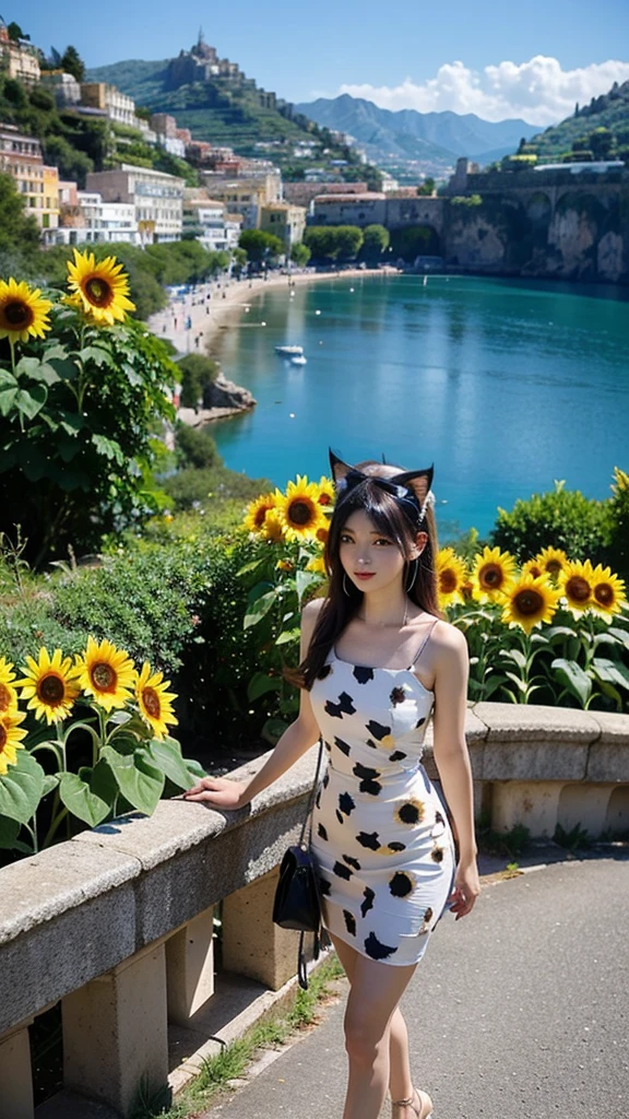 Beautiful girl walking seashore, 
the stunning Amalfi Coast in Italy, with viewers enjoying the traditional Italian lemon liqueur, Limoncello, in hand as they take in the breathtaking scenery,
Capture the picturesque coastal villages along the Amalfi Coast, such as Positano, Amalfi, and Ravello, with their colorful buildings cascading down the cliffs towards the azure Mediterranean Sea,
Focus on the rugged coastline, with images of dramatic cliffs, hidden coves, and crystal-clear waters that create a paradise-like setting for relaxation and exploration,(sunflower:1.3),
(Cat ears:1.3), (Cow pattern dress:1.2),