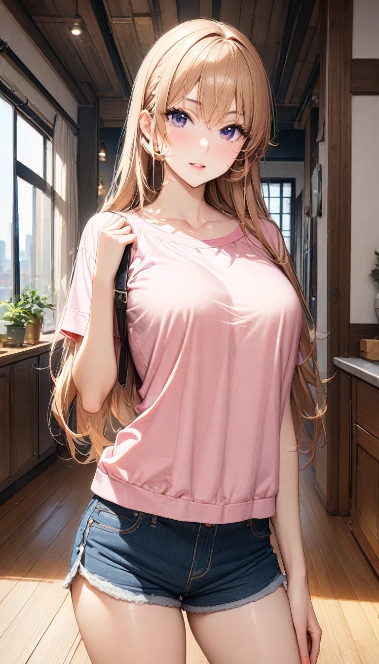 (masterpiece),(Highest quality),(Very detailed),(Best illustrations),(Best Shadow),Natural Light,(Detailed Background),(とてもbeautiful)(masterpiece),(Highest quality),(Very detailed),(Best illustrations),(Best Shadow),(Detailed Background),(とてもbeautiful), masterpiece, Highest quality, High resolution,,(masterpiece1.5),super high quality, Super detailed,Perfect drawing,One girl,alone,indoor,beautiful,Casual attire,Loungewear,T-Shirts,Shorts,Sparkling,Super cute,(I confess Erina:1.2),(Highest quality,High resolution,masterpiece:1.2),Super detailed,Vibrant colors,View here,beautiful女性、光沢のあるbeautiful肌,、((Clear Face))、High Resolution、Vibrant colors、完璧なbeautiful女の子、