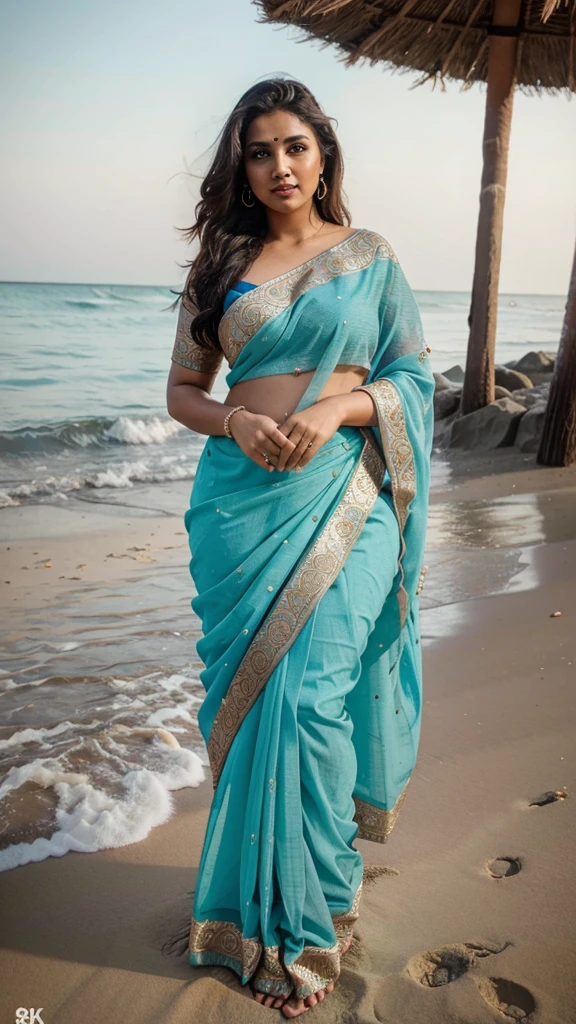 Indian Plus size Model, Beautifull 30 years old married women Best Top Mix Colour Wearing Saree, Sea Beach background Hd 4k, 8k,