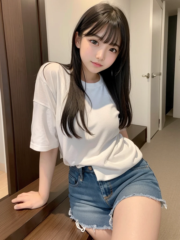 highest quality,Photo quality,Ultra-high resolution,Professional Lighting,,Beautiful face like an actress,With bangs,Sexy shorts:1.2、Amazingly cute、(((裸エプロン)))、ブラジャーが透けて見えている、キッチン、
