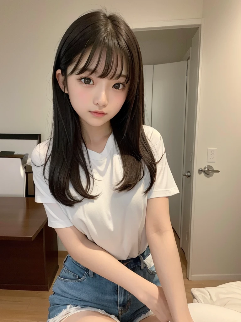 highest quality,Photo quality,Ultra-high resolution,Professional Lighting,,Beautiful face like an actress,With bangs,Sexy shorts:1.2、Amazingly cute、(((裸エプロン)))、ブラジャーが透けて見えている、キッチン、