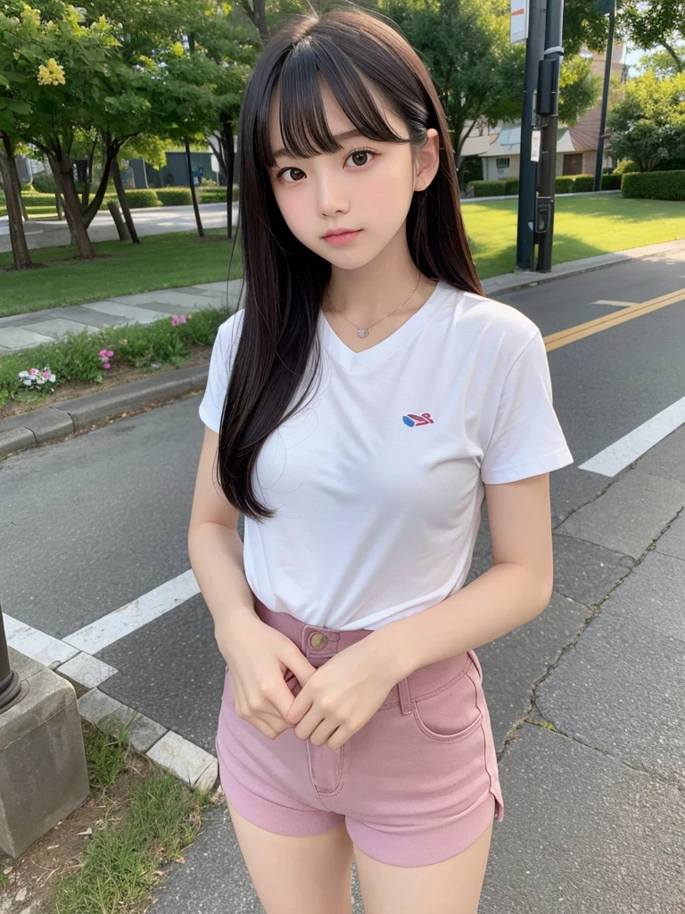 highest quality,Photo quality,Ultra-high resolution,Professional Lighting,14 years old,Beautiful face like an actress,With bangs,Sexy shorts:1.2、Amazingly cute、(((裸エプロン)))、ブラジャーが透けて見えている、キッチン、