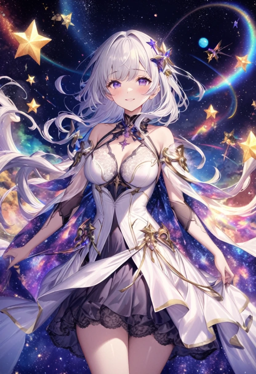 High Detail, Very detailed, Ultra-high resolution, Purple Eyes，White hair，A girl having a good time in a fantasy galaxy, Surrounded by stars, The warm light shines on her, Background is starry sky，There are colorful galaxies and galaxy clouds, The stars fly around her, Delicate face, Add playfulness , 