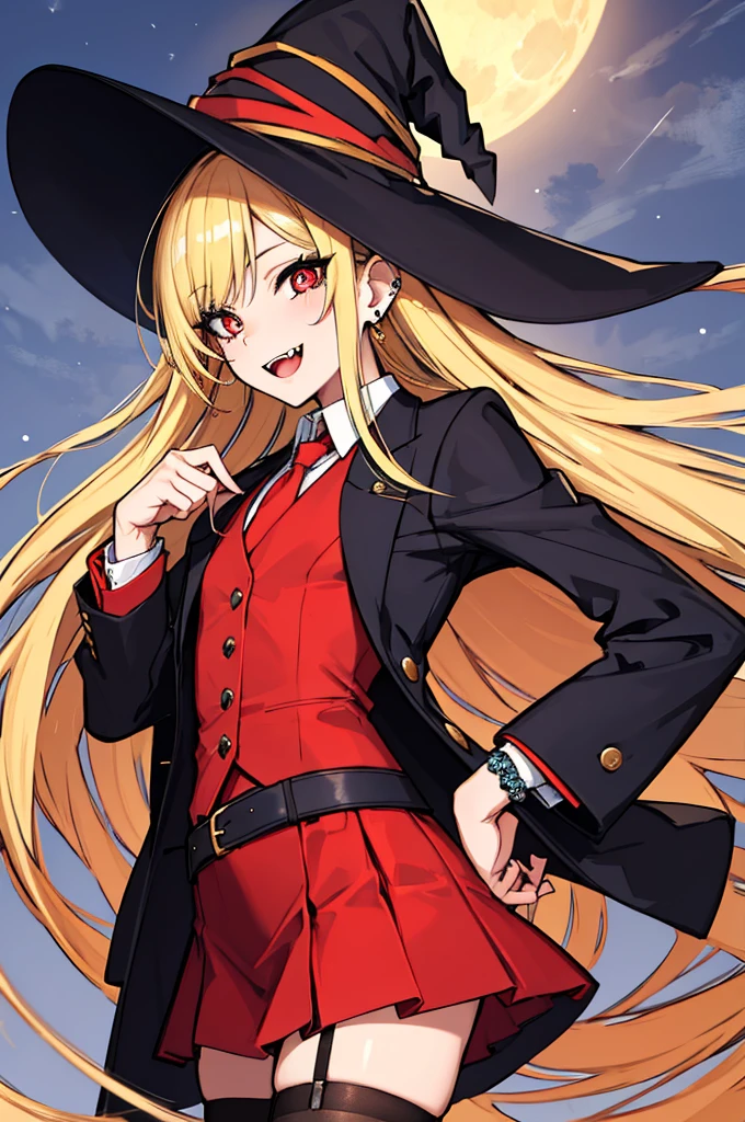 (absurdres, 8k, 4k, masterpiece, hyper extreme detailed:1.2), solo, 1girl, side view, perfect face, 1girl, portrait, looking at viewer, standing, Female, Mature Female, very long hair, 8k uhd, 1girl, slender, cowboy shot, standing, half body, front view, red tie, night sky, moon, stockings, big witch hat, witch, blonde hair, piercings, earrings, detailed eyes, expressive eyes, colorful pupils, blazer, skirt, smile, fang tooth, red eyes, earrings, hand on hip, flat chest, looking forward, front view, messy hair, wind, windy, moving hair, moving clothes, swept bangs, mature body, gyaru, crazy face, crazy eyes, crazy smile, 