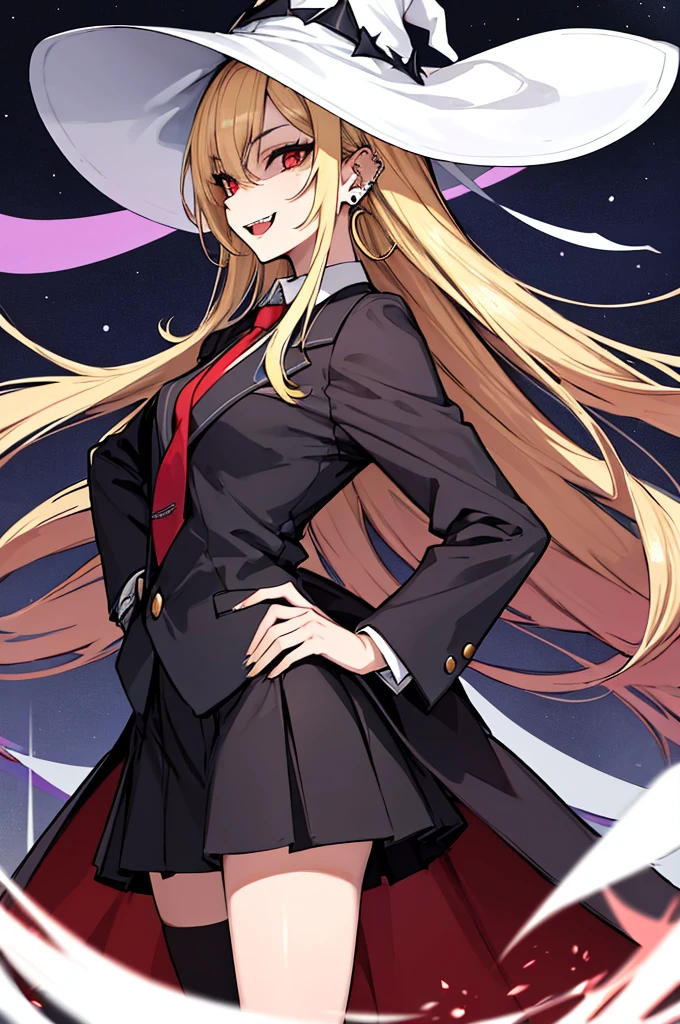 (absurdres, 8k, 4k, masterpiece, hyper extreme detailed:1.2), solo, 1girl, side view, perfect face, 1girl, portrait, looking at viewer, standing, Female, Mature Female, very long hair, 8k uhd, 1girl, slender, cowboy shot, standing, half body, front view, red tie, night sky, moon, stockings, big witch hat, witch, blonde hair, piercings, earrings, detailed eyes, expressive eyes, colorful pupils, blazer, skirt, smile, fang tooth, red eyes, earrings, hand on hip, flat chest, looking forward, front view, messy hair, wind, windy, moving hair, moving clothes, swept bangs, mature body, gyaru, crazy face, crazy eyes, crazy smile,