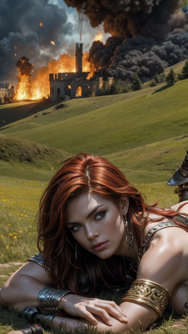 warrior woman,fire and chaos, huge breast:1.4, lying on the grass, moaning:1.3, 