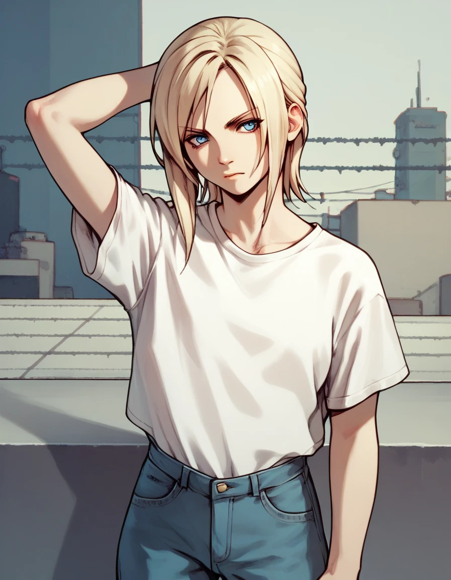 check_9, check_8_up, check_7_up, check_6_up, check_5_up, check_4_up
aya brea, Blue eyes, blonde hair, White shirt, t-shirt,  jeans,
arm up,  