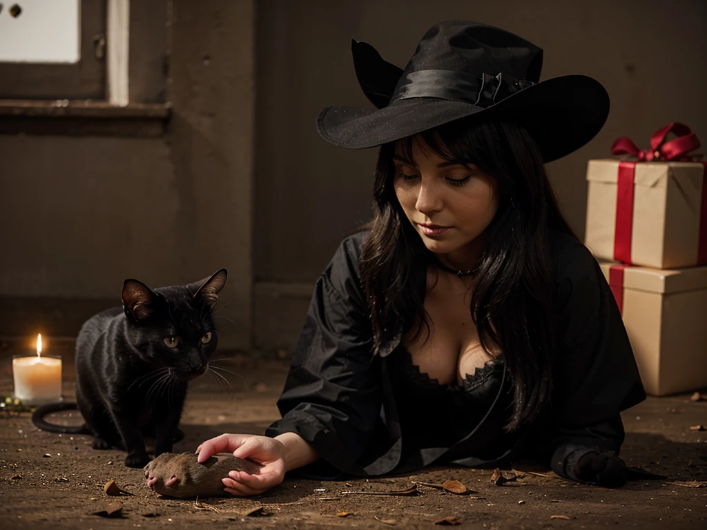 Black cat brings a lay witch a dead mouse it caught as a present 