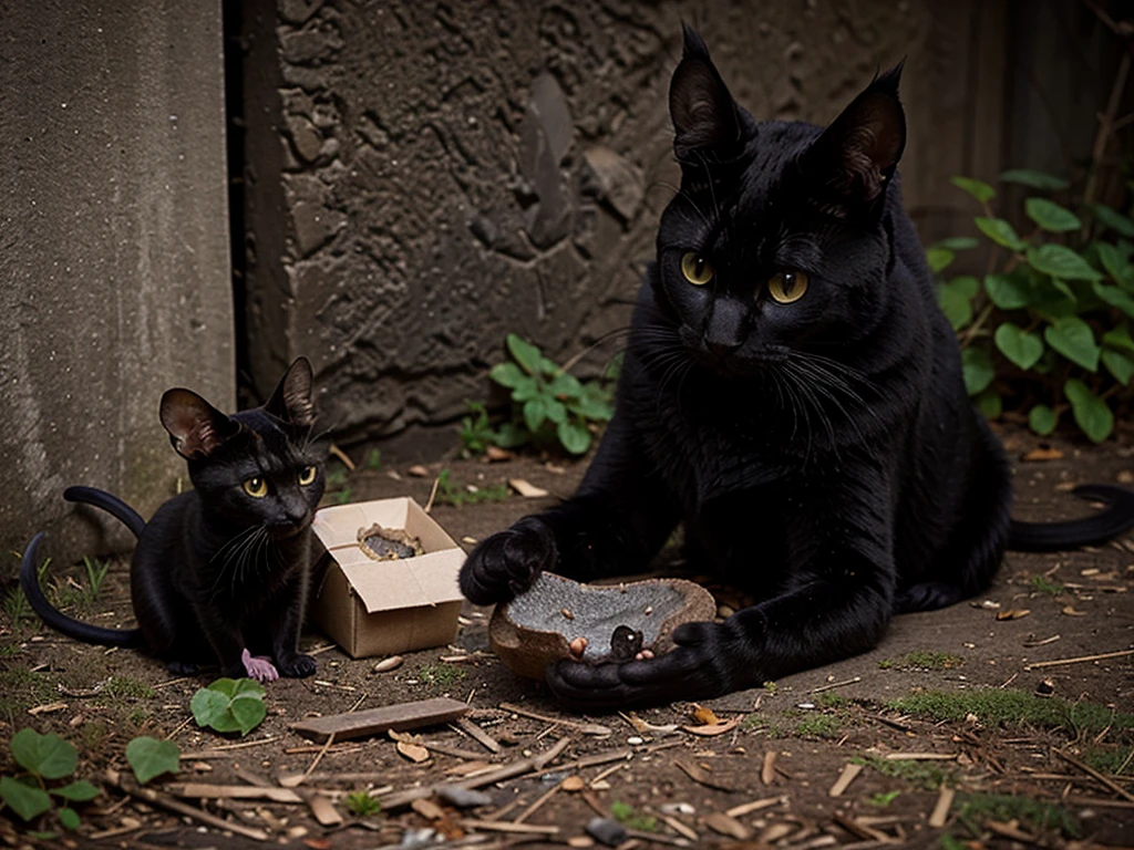 Black cat brings a lay witch a dead mouse it caught as a present 