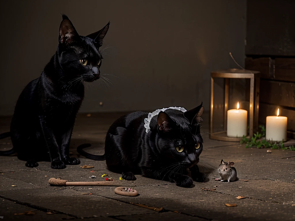 Black cat brings a lay witch a dead mouse it caught as a present
