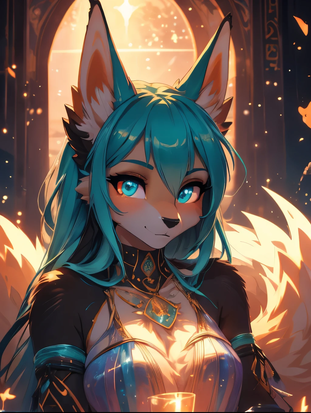 Miku Hatsune,Arabic, tanned skin, High Definition, kitsune ears, Masterpiece}}, of the highest quality, Highly detailed CG Unity 8k wallpaper, cinematic lighting, Lens flare, Beautiful detailed eyes, negro, lateral line, multicolored hair, colorful light, particle, heterochromia, 