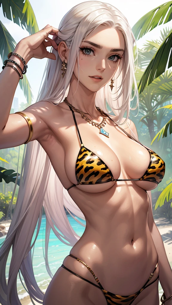 （lifelike， high - resolution：1.3）， 1 girl with a perfect body，slender body, Super fine face and eyes，assasin, dark makeup, shiny skin，white hair, (jungle bikini, animal print micro bikini)，Expose cleavage, (bracelets, tooth jewelry, a lot of necklaces, very long necklaces, necklaces down to stomach, body chains, waist chains)