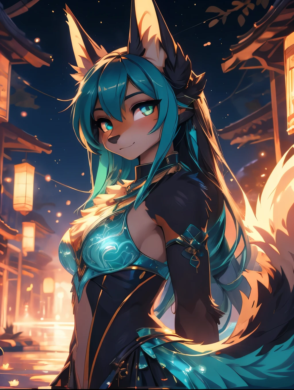 Miku Hatsune,Arabic, tanned skin, High Definition, kitsune ears, Masterpiece}}, of the highest quality, Highly detailed CG Unity 8k wallpaper, cinematic lighting, Lens flare, Beautiful detailed eyes, negro, lateral line, multicolored hair, colorful light, particle, heterochromia, 