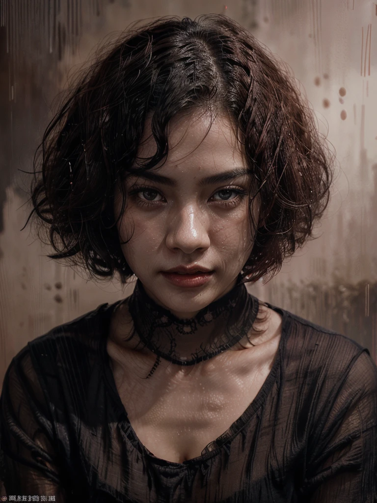 stunning front portrait photo of chinese woman head, curly bob hair, looking directly to the camera, dark brown eyes, face covered by water, capturing the intricate details, ultra realistic, significant colors salmon pink beige coral red, brightly lit, dark background, rain, wet face, tropical dense forest--ar 3:4 --stylize 350 --v 6
