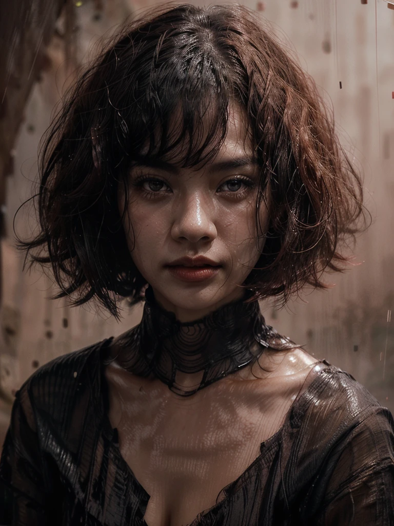 stunning front portrait photo of chinese woman head, curly bob hair, looking directly to the camera, dark brown eyes, face covered by water, capturing the intricate details, ultra realistic, significant colors salmon pink beige coral red, brightly lit, dark background, rain, wet face, tropical dense forest--ar 3:4 --stylize 350 --v 6