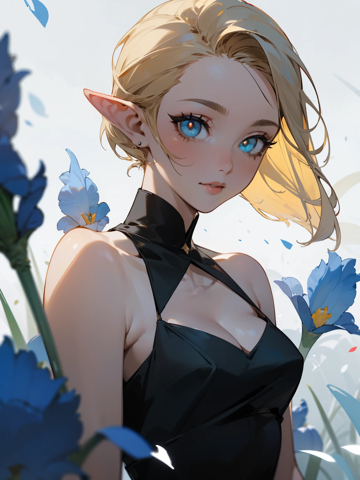 (masterpiece), ((best quality)), (super detailed), (Clean and delicate face), (side lighting, finely detailed beautiful eyes: 1.2), (Eyelid, Pupil, Sclera, Iris), particle, wind, flower, upper body, from front, pixie cut blonde hair, slick back, pointed ears, slight smile, lips apart, bare shoulder black dress, sleeveless, cleavage, clavicle, dark simple background, looking at viewer, galaxy