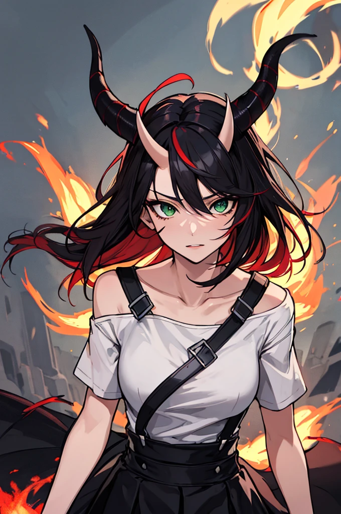 absurdres, 8k, 4k, masterpiece, hyper extreme detailed:1.2), solo, 1girl, front view, perfect face, 1girl, portrait, expressive eyes, looking at viewer, solo, green eyes, standing, mature female, medium chest, pale, long black hair, groan, casual wear, adult, looking forward, front view, black horns, confident, cautious, rational, messy hair, wind, windy, moving hair, moving clothes, swept bangs, front view, unyielding, mature body, tomboy, dragon tail, adult, black nails, wild hair, velvet crowe, scars, fatigue, Black Draconic Horns, Dragon Horns, Dragon Tail, fire, long skirt, graphic t-shirt, exposed shoulder, suspenders, velvet crowe, velvet-outfit, red hair gradients, fiery, flames, burning,