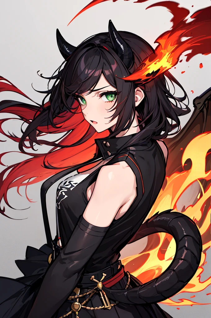 absurdres, 8k, 4k, masterpiece, hyper extreme detailed:1.2), solo, 1girl, front view, perfect face, 1girl, portrait, expressive eyes, looking at viewer, solo, green eyes, standing, mature female, medium chest, pale, long black hair, groan, casual wear, adult, looking forward, front view, black horns, confident, cautious, rational, messy hair, wind, windy, moving hair, moving clothes, swept bangs, front view, unyielding, mature body, tomboy, dragon tail, adult, black nails, wild hair, velvet crowe, scars, fatigue, Black Draconic Horns, Dragon Horns, Dragon Tail, fire, long skirt, graphic t-shirt, exposed shoulder, suspenders, velvet crowe, velvet-outfit, red hair gradients, fiery, flames, burning,